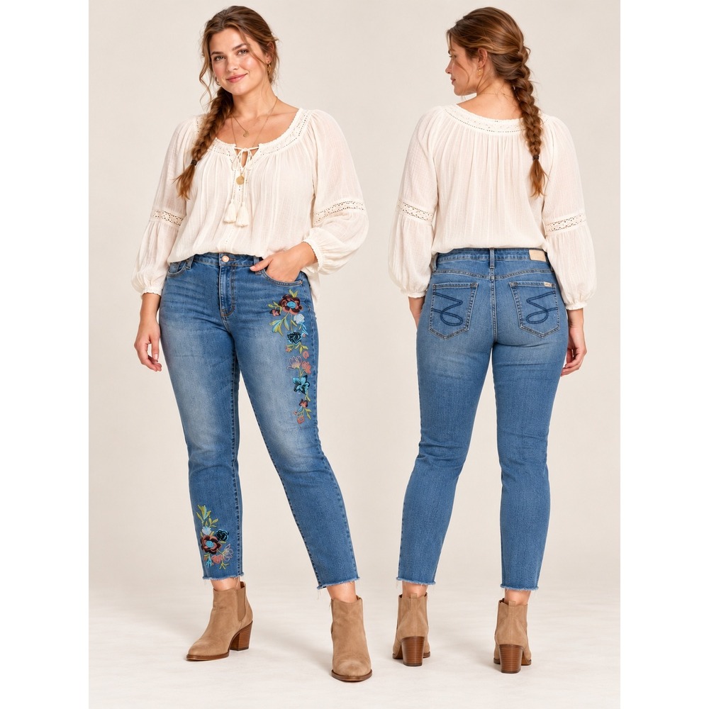Boho Western Seven7 Mid Rise SkinnyFloral Embroidered RawHem 32" Waist 16 Jeans